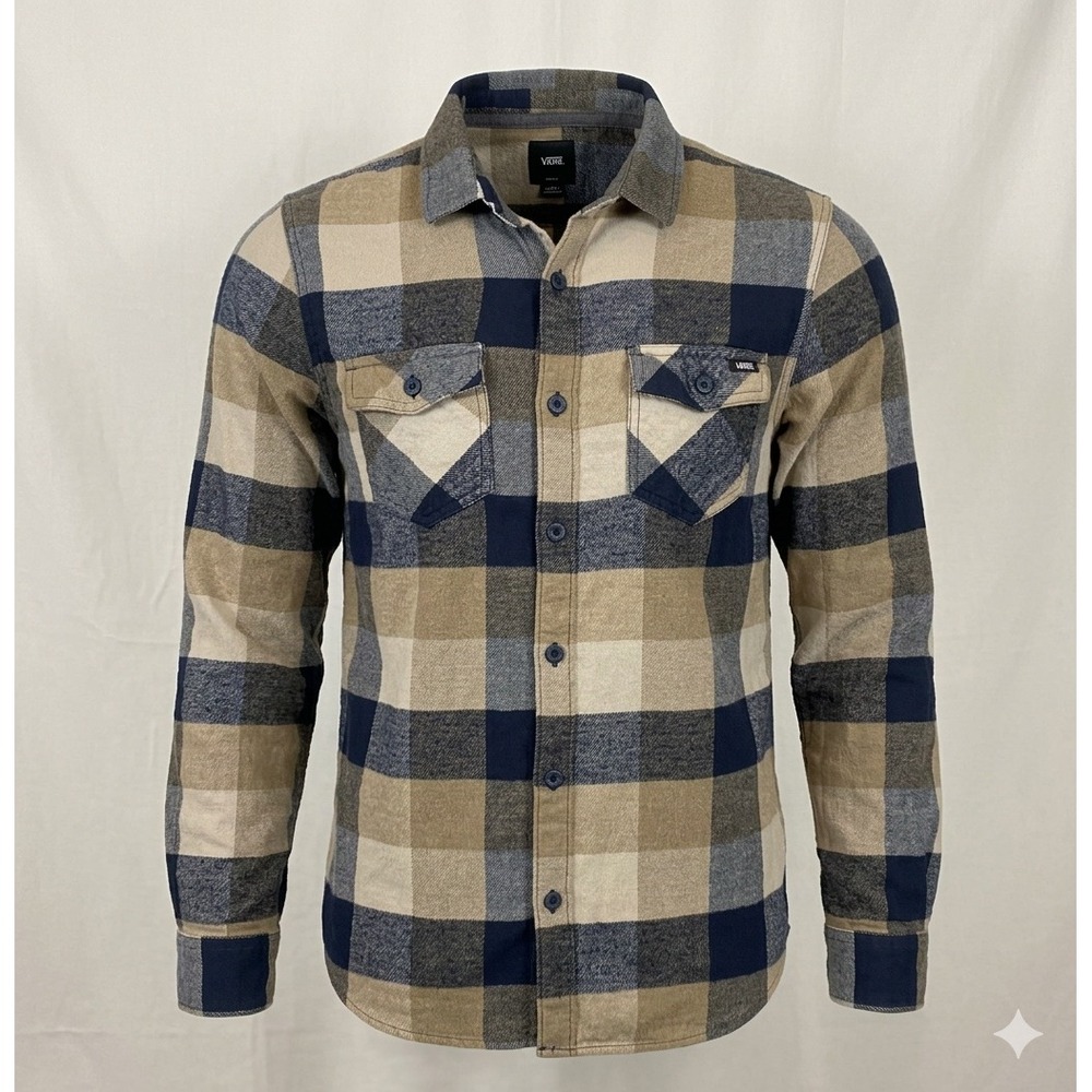 Vans‎ Boy's Tan and Blue Flannel Button Up Long Sleeve Shirt. Size S